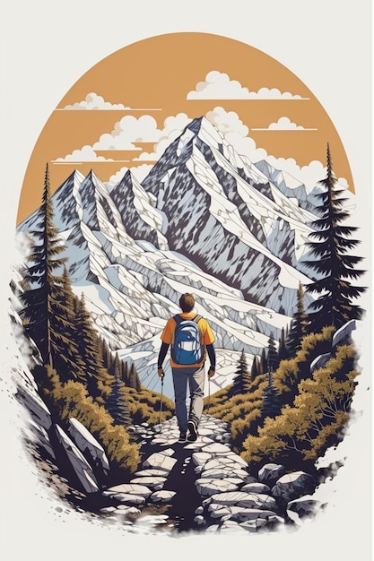 hombre caminando por un sendero a través de las montañas diseño de camiseta streetwear diseño pro vector diseño completo