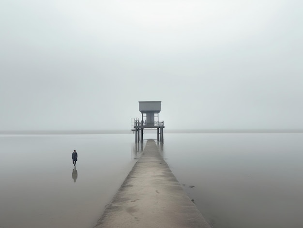 Un hombre caminando sobre el agua con un muelle al fondo.