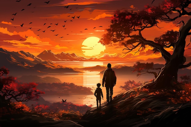 hombre caminando sobre una colina con una hermosa puesta de sol