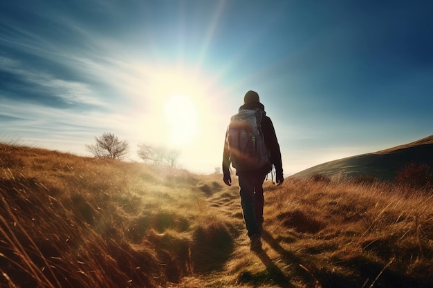 Un hombre caminando sobre una colina con el sol brillando sobre su espalda.