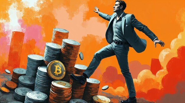 Hombre caminando sobre monedas de Bitcoin