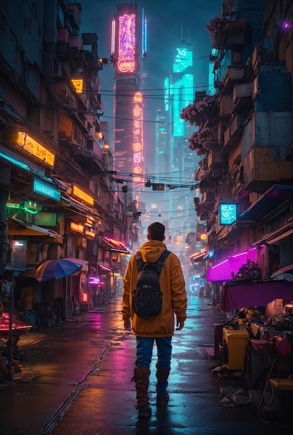 Hombre caminando solo en la ciudad ciberpunk lluviosa