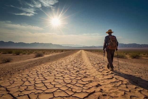 Hombre caminando solo en el vasto desierto