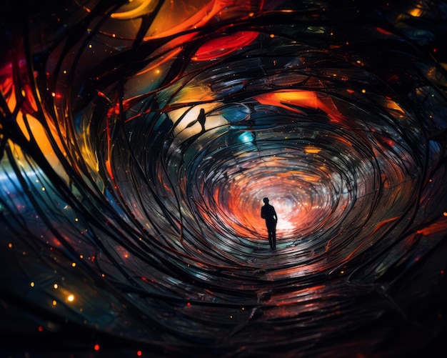 un hombre caminando por un tunel de luces de colores