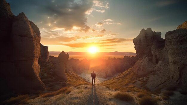 Un hombre se para en un camino en un desierto con el sol poniéndose detrás de él.