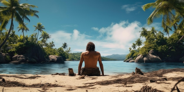 Hombre de camino en una isla tropical desierta