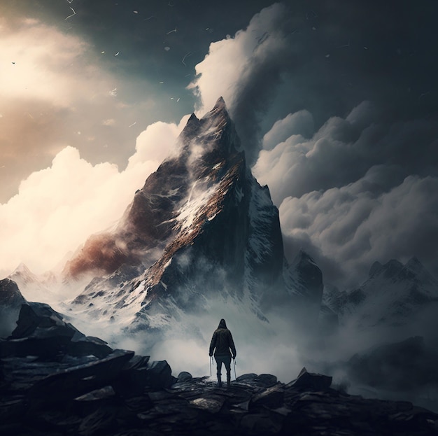 Un hombre se para en un camino rocoso frente a una montaña con un cielo nublado al fondo.