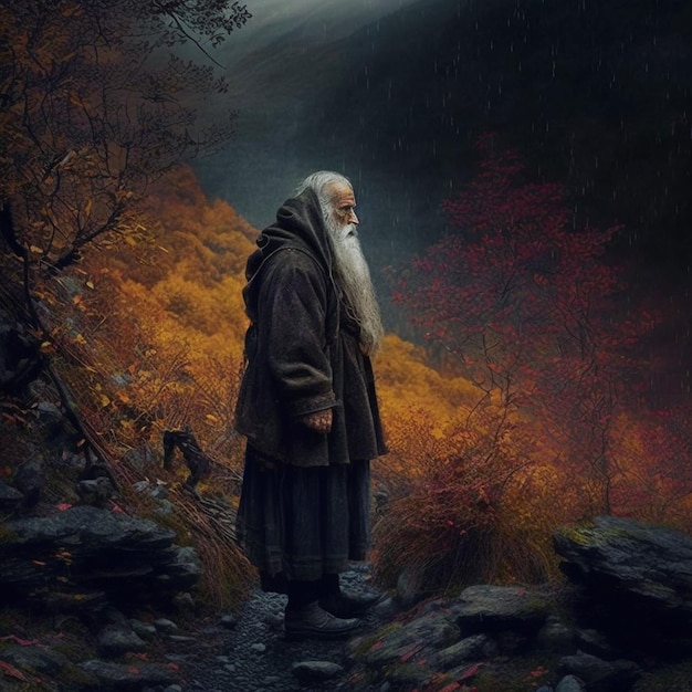 Un hombre se para en un camino rocoso en las montañas.