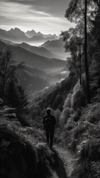 Un hombre se para en un camino en un valle con montañas al fondo.