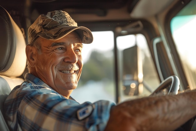 Un hombre en un camión está sonriendo y conduciendo