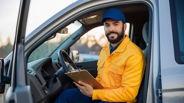 Hombre en el camión tipo en un uniforme de entrega hombre con clipboard