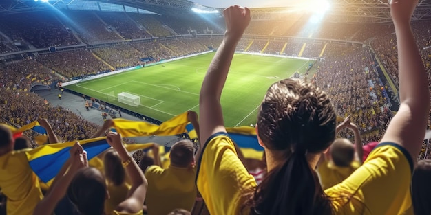 Un hombre con una camisa amarilla está de pie en un estadio con los brazos en el aire AIG41