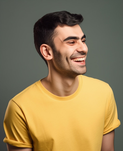 Un hombre con una camisa amarilla sonríe y sonríe.