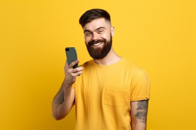 Un hombre con una camisa amarilla sostiene un teléfono y sonríe.