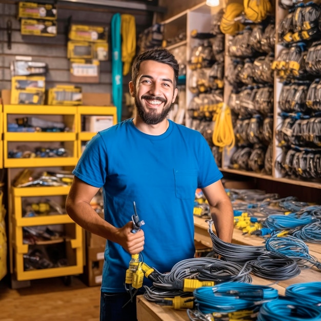 Un hombre con una camisa azul se para en un almacén con un montón de cables sobre la mesa.