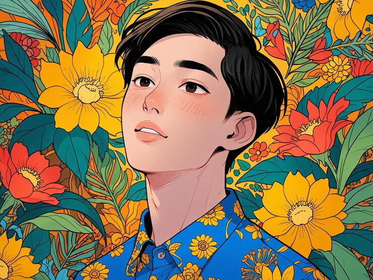 Hombre con una camisa azul brillante con patrones florales amarillos vibrantes