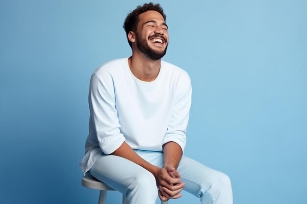 Foto un hombre con una camisa azul claro se sienta en una silla y sonríe