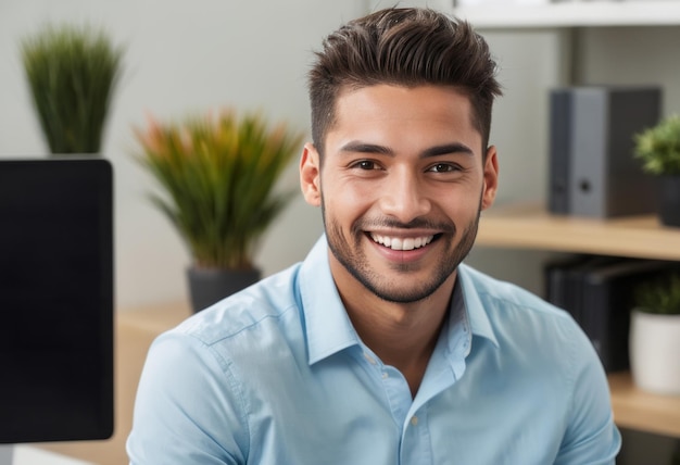 Un hombre con una camisa azul claro sonríe mientras está sentado en su escritorio plantas y espacio de trabajo a su alrededor él