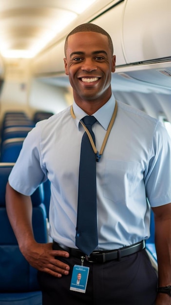 Un hombre con camisa azul y corbata en un avión.