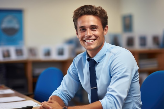 Foto hombre con camisa azul y corbata está sentado en la mesa