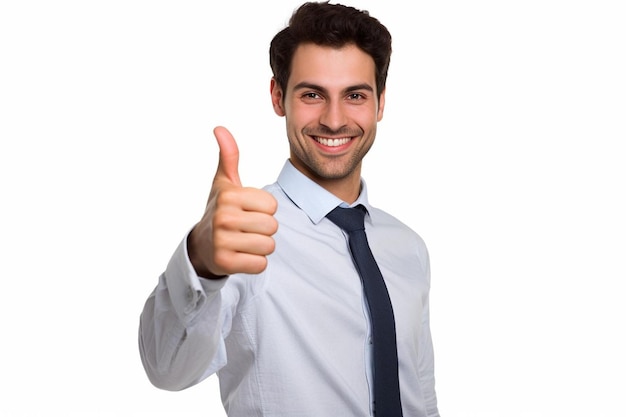 Foto un hombre con una camisa azul dando un signo de pulgares hacia arriba con un fondo blanco