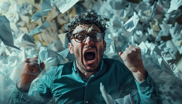 Un hombre con una camisa azul está gritando en una habitación llena de papel