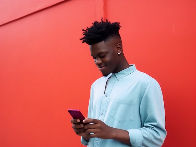 Un hombre con una camisa azul está usando un teléfono.