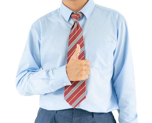 Hombre con camisa azul extendiendo la mano los pulgares hacia arriba con el camino de corte