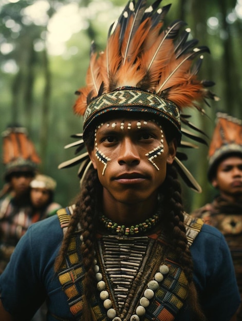 Un hombre con una camisa azul se para frente a un bosque con su tocado y plumas indias.