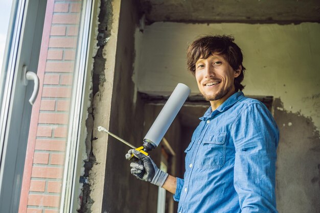 El hombre con una camisa azul hace la instalación de ventanas usando una espuma de montaje