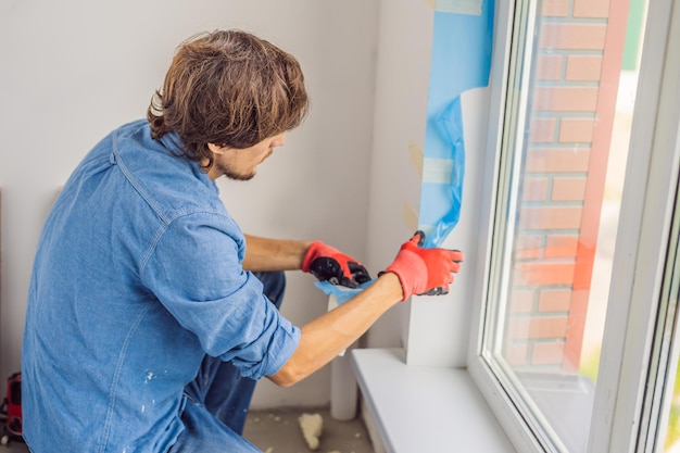 El hombre con una camisa azul hace la instalación de ventanas