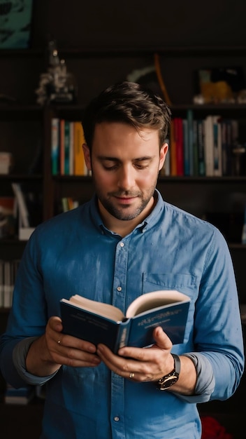 Hombre de camisa azul lee de un libro