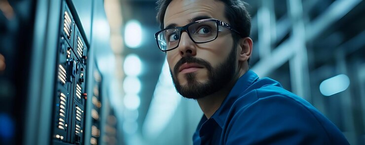 Foto hombre de camisa azul mirando las plataformas de servidores foto