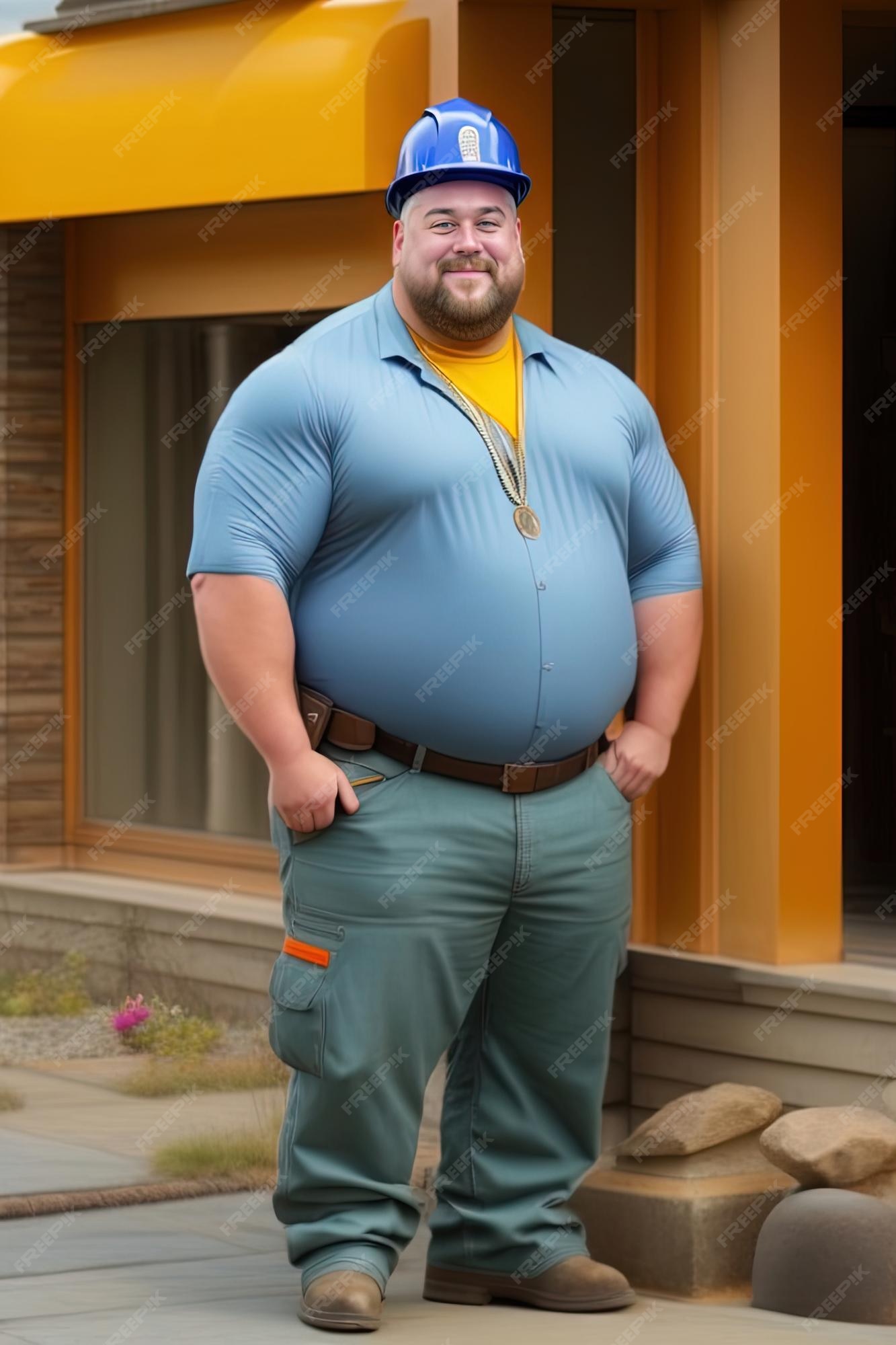 hombre con camisa azul y pantalones se para frente a una casa. | Foto Premium