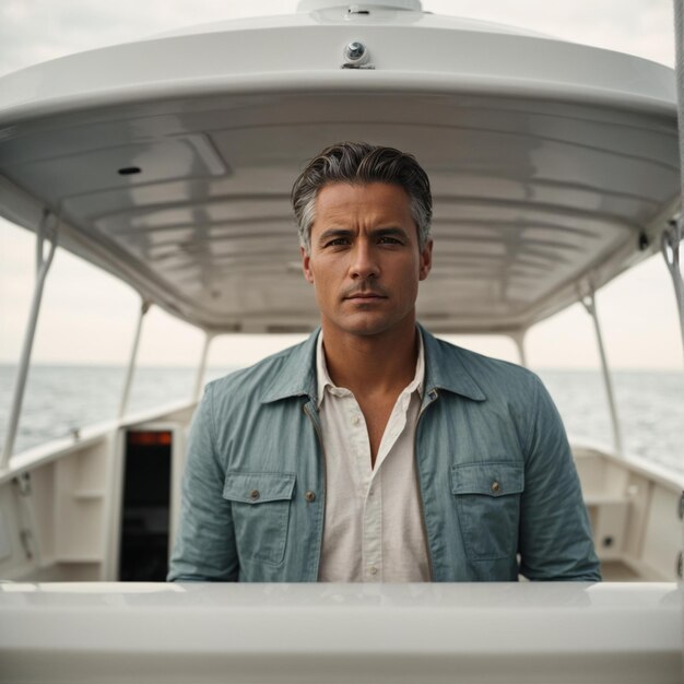 Foto un hombre con una camisa azul está de pie en un barco.