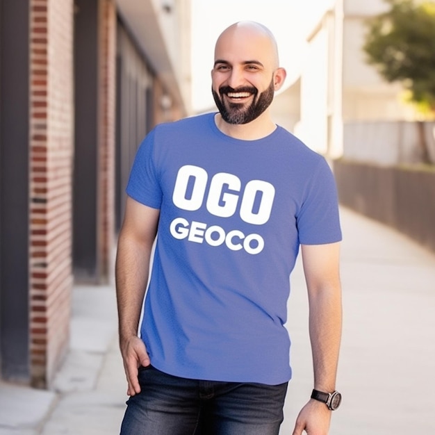 Un hombre con una camisa azul que dice oolog geoco.