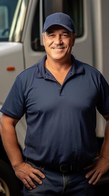 Foto un hombre con una camisa azul que dice que la compañía