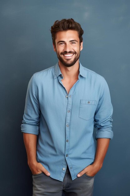 un hombre con una camisa azul que dice que está sonriendo