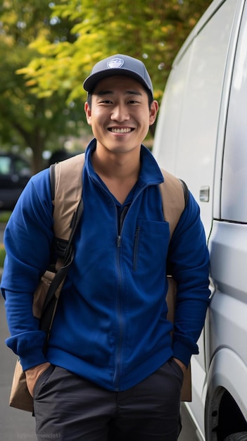 Foto un hombre con una camisa azul que dice que está sonriendo