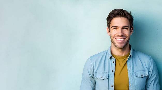 Un hombre con una camisa azul que dice 'sonríe'