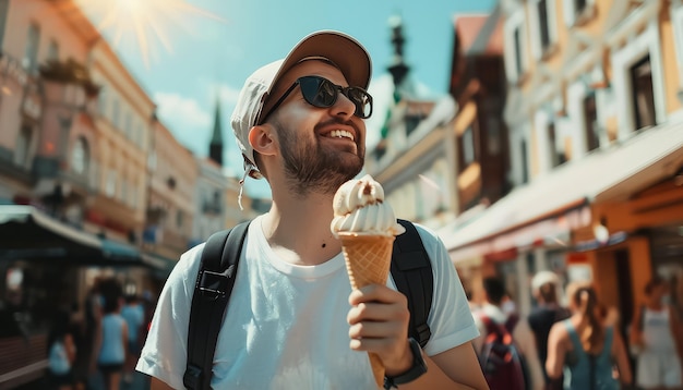 Un hombre con una camisa azul y un sombrero blanco sostiene un cono de helado