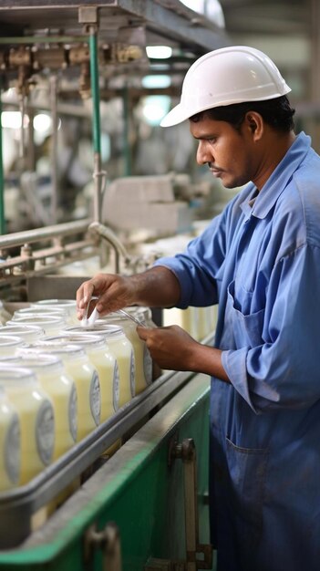 un hombre con camisa azul y sombrero blanco trabajando en una máquina