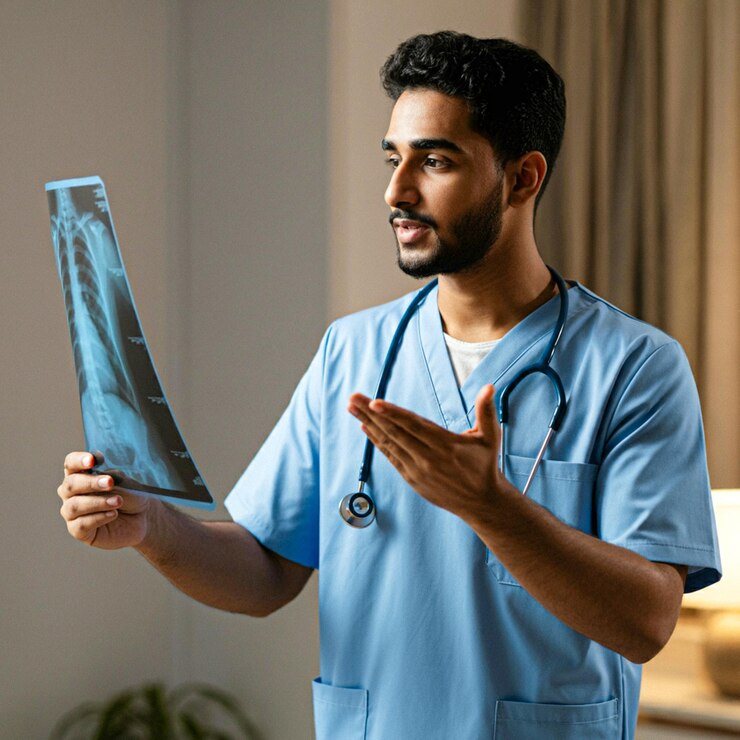 un hombre con una camisa azul sostiene una imagen de un dispositivo médico