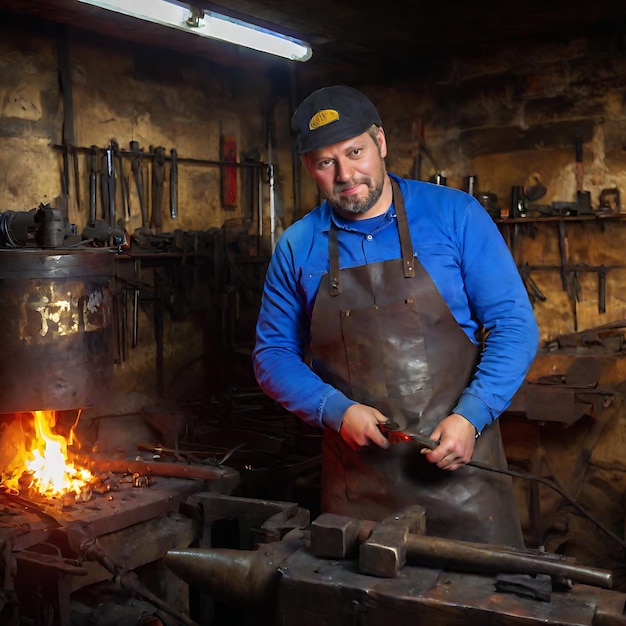Foto un hombre con una camisa azul está trabajando en un hierro