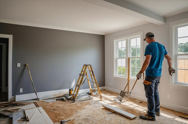 Foto un hombre con una camisa azul está trabajando en una pared en una habitación con una ventana que dice 