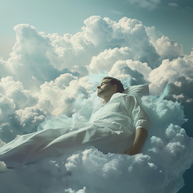 Foto un hombre con una camisa blanca está acostado en las nubes