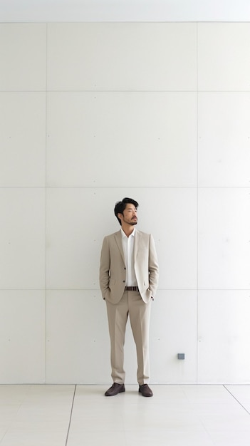 Hombre con camisa blanca y corbata gris a cuadros posando con las manos cruzadas en la sala blanca Copiar IA generativa