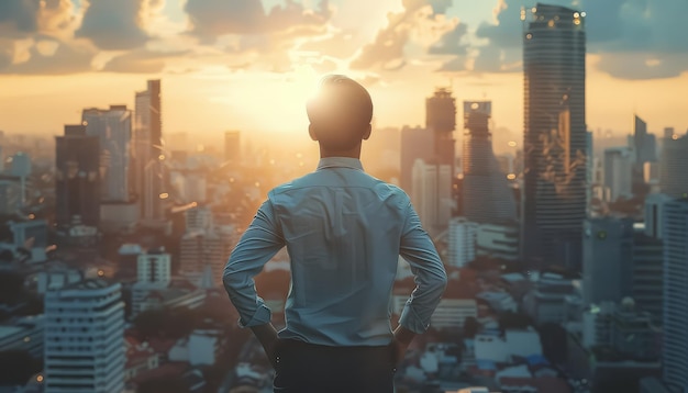 Un hombre con una camisa blanca está de pie frente a un horizonte de la ciudad mirando hacia el sol