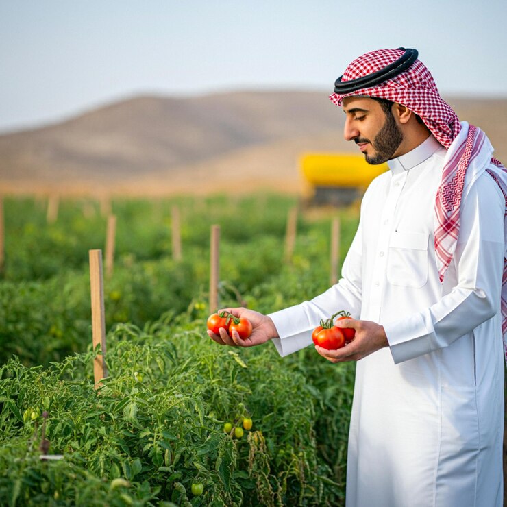 un hombre con una camisa blanca está recogiendo tomates en un campo