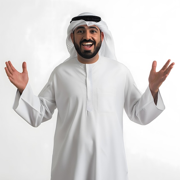 un hombre con una camisa blanca está sonriendo y tiene las manos en alto